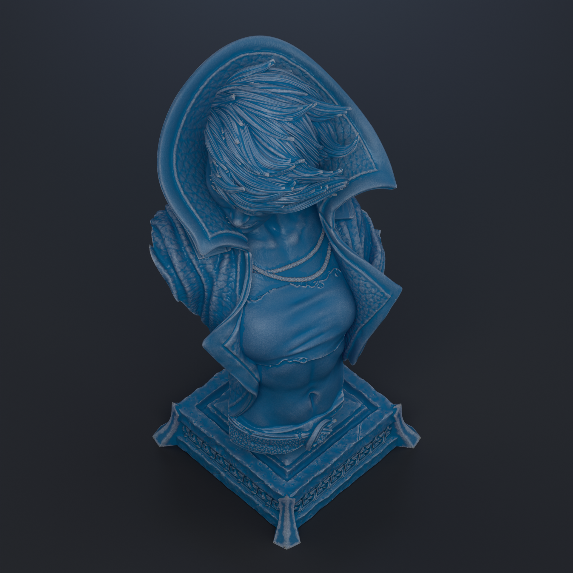 A blue bust sculpture of a woman with flowing hair and a decorative collar, set against a dark background.