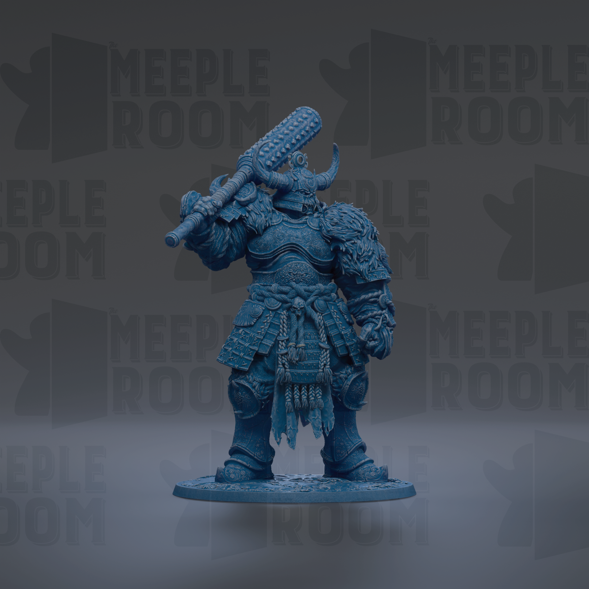 A blue warrior figurine with a large sword and armor stands against a dark background with repeated text.