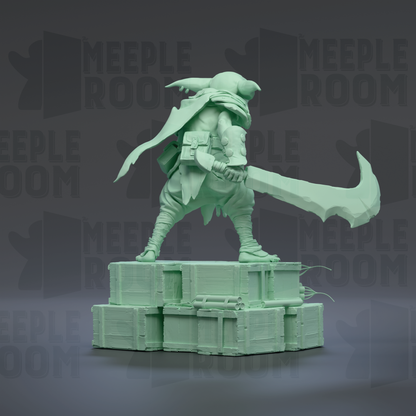 A green statue of a warrior figure holding a sword and standing on a stack of green crates.