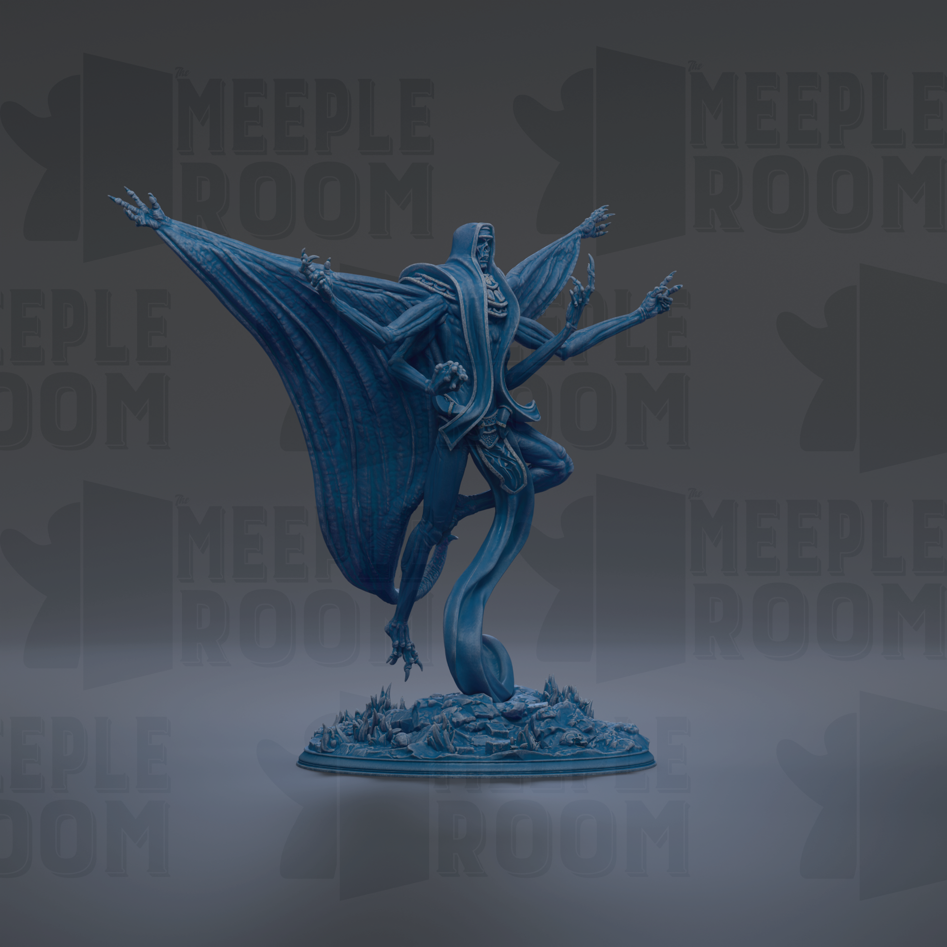 A blue statue of a winged, multi-armed figure with a long tail, standing on a base and surrounded by a dark background with repeated text.