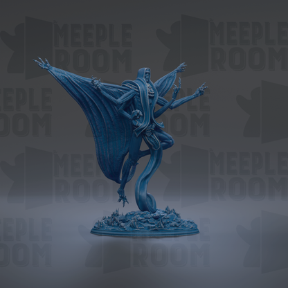 A blue statue of a winged, multi-armed figure with a long tail, standing on a base and surrounded by a dark background with repeated text.