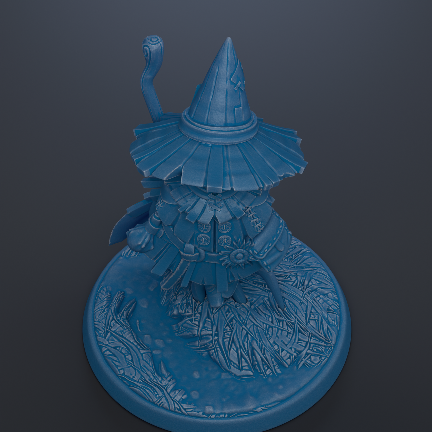 A blue, 3D-rendered wizard figurine with a pointed hat and a staff, standing on a circular base with a patterned surface.
