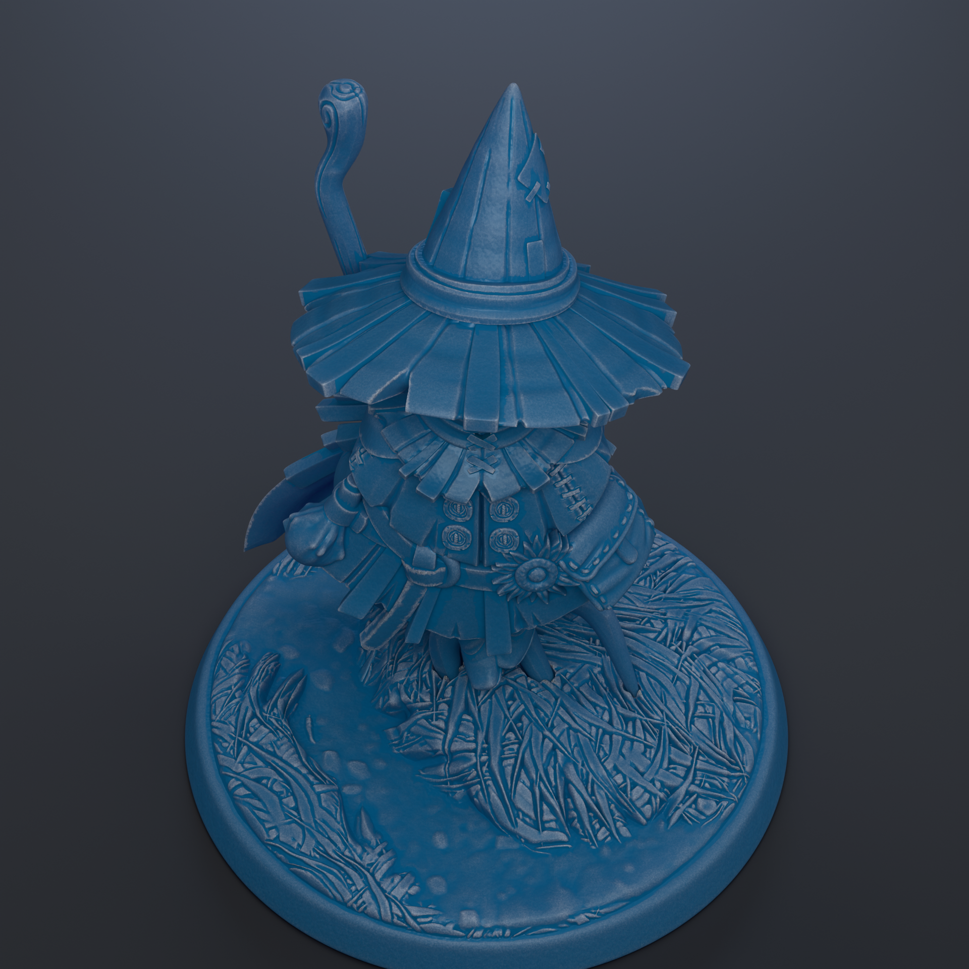 A blue, 3D-rendered wizard figurine with a pointed hat and a staff, standing on a circular base with a patterned surface.