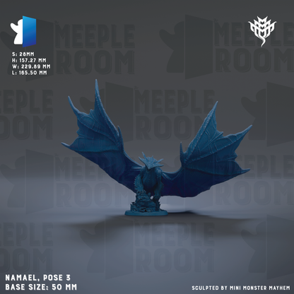 a blue dragon statue with wings spread wide, standing on a base. The dragon is the main focus of the image, and there is no additional text provided.