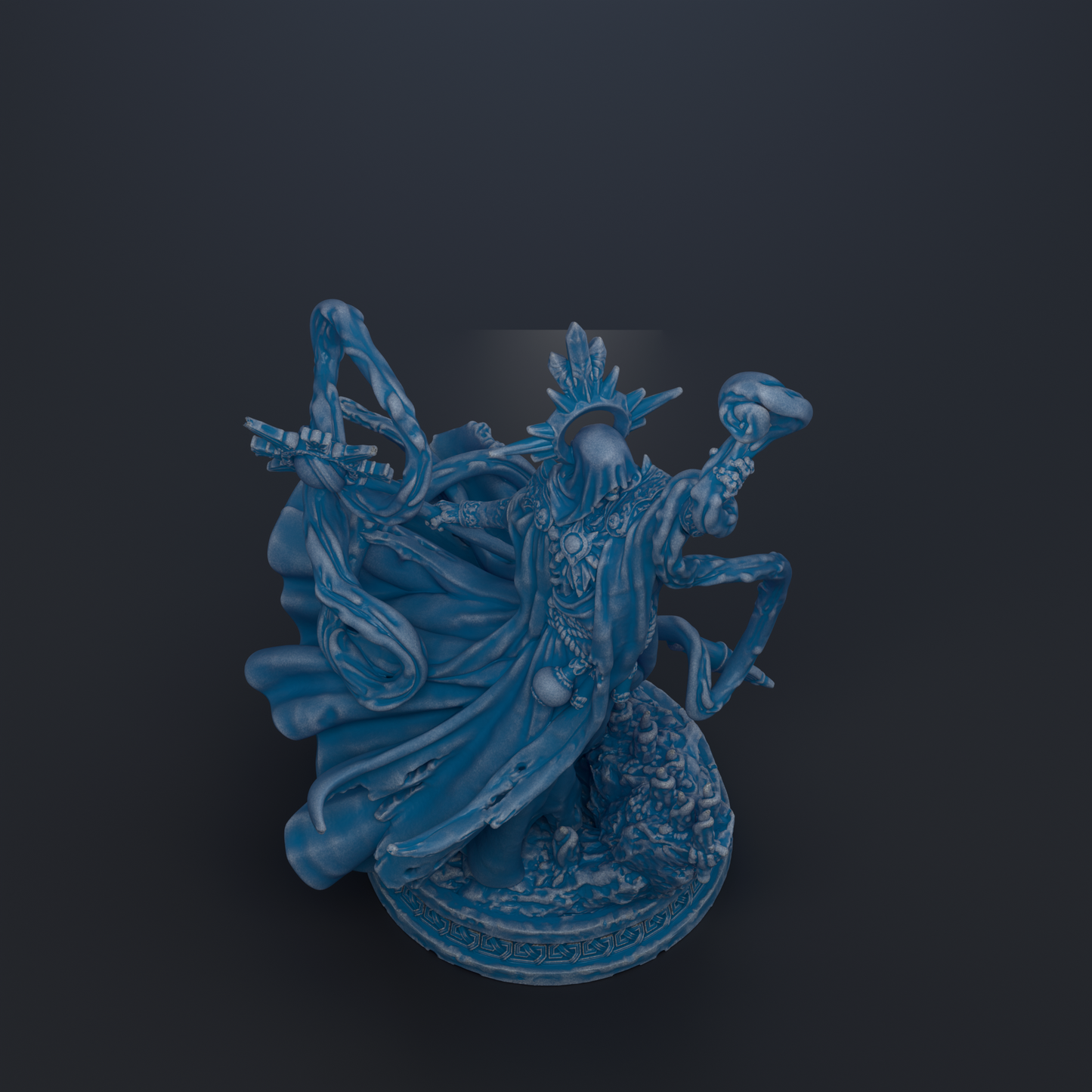A 3D rendering of a fantastical, blue-colored statue with intricate, flowing details and a dynamic pose.