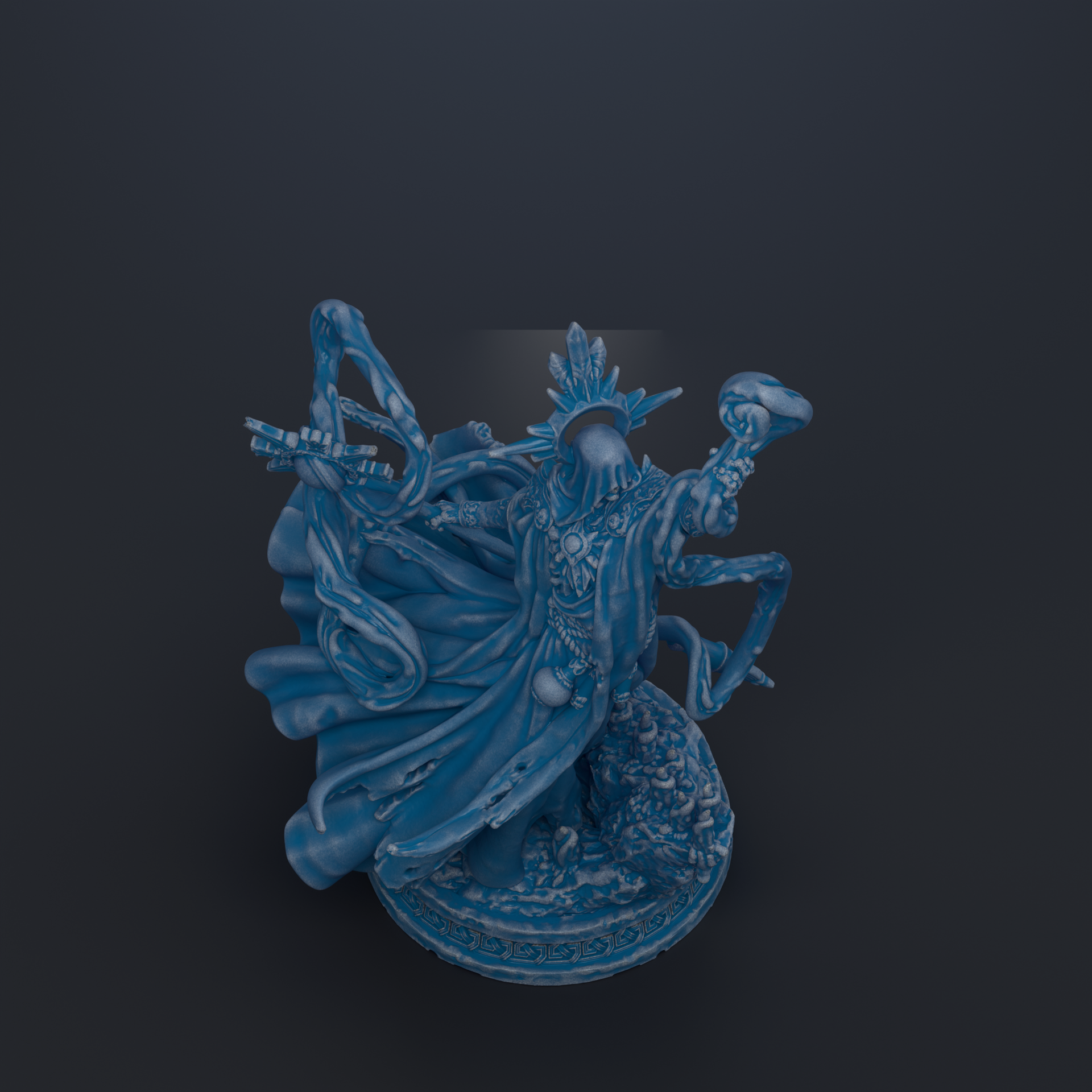 A 3D rendering of a fantastical, blue-colored statue with intricate, flowing details and a dynamic pose.