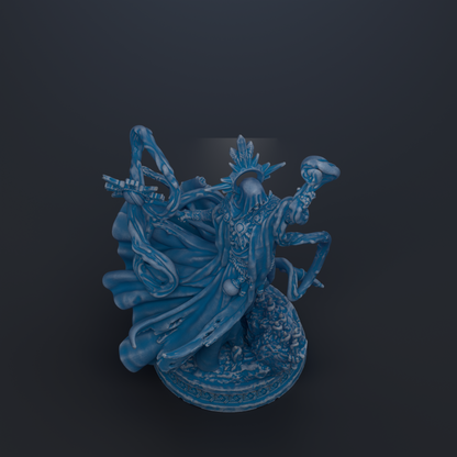 A 3D rendering of a fantastical, blue-colored statue with intricate, flowing details and a dynamic pose.