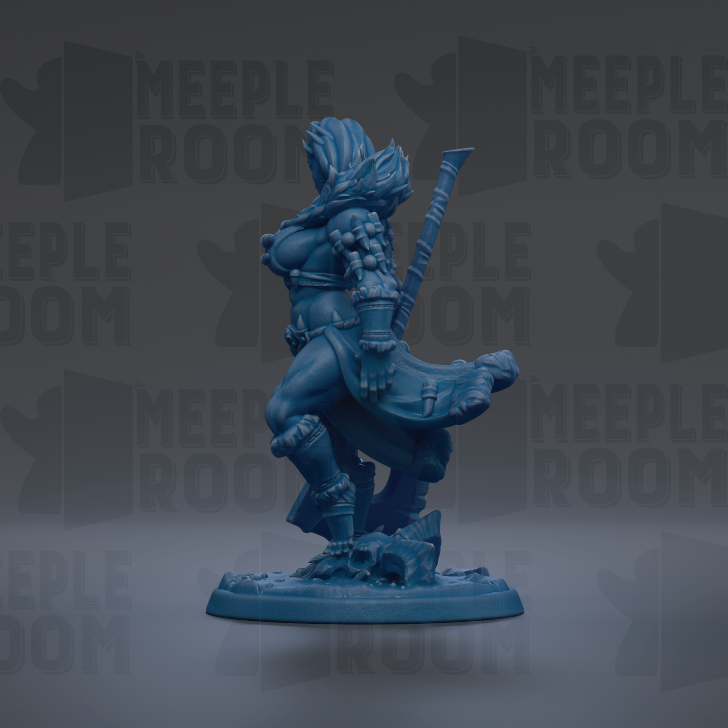A blue figurine of a warrior standing on a base, with the text "MEUPLE ROOM" repeated in the background.