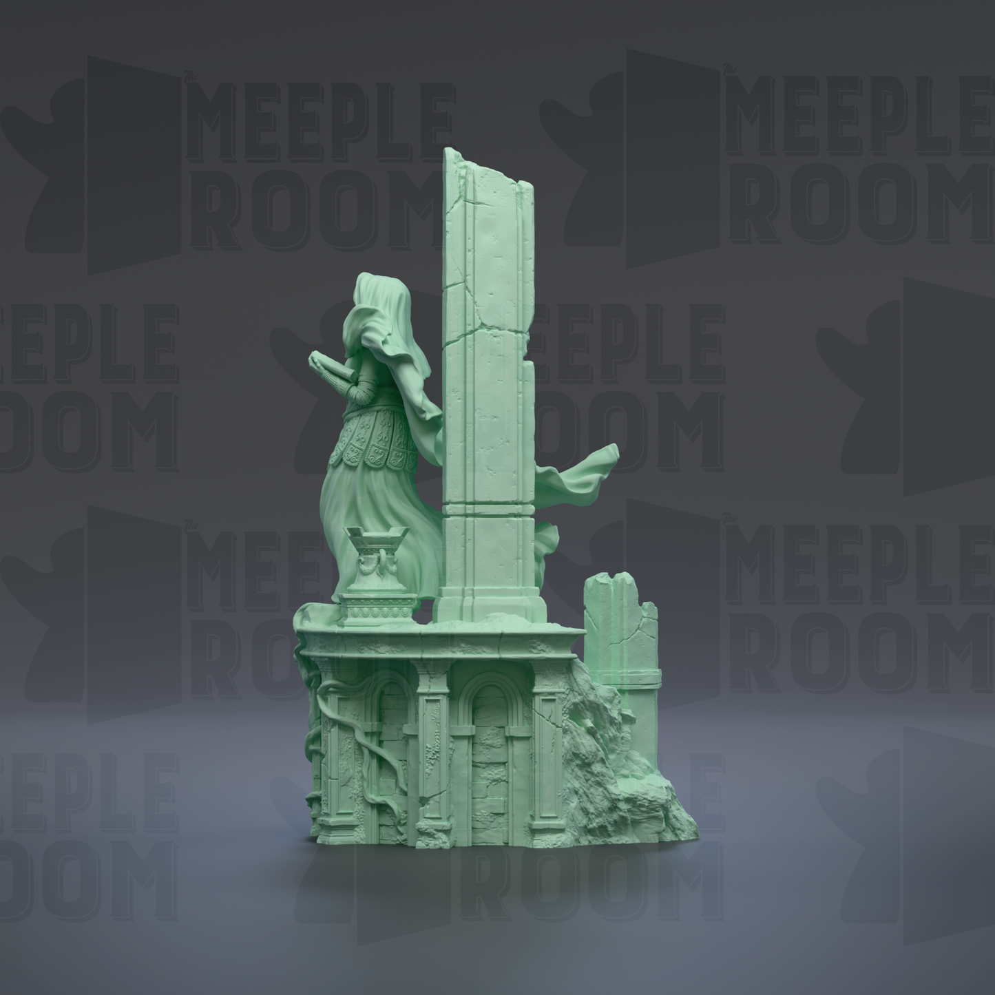 a green statue of a woman with a long, flowing dress standing on a pedestal.