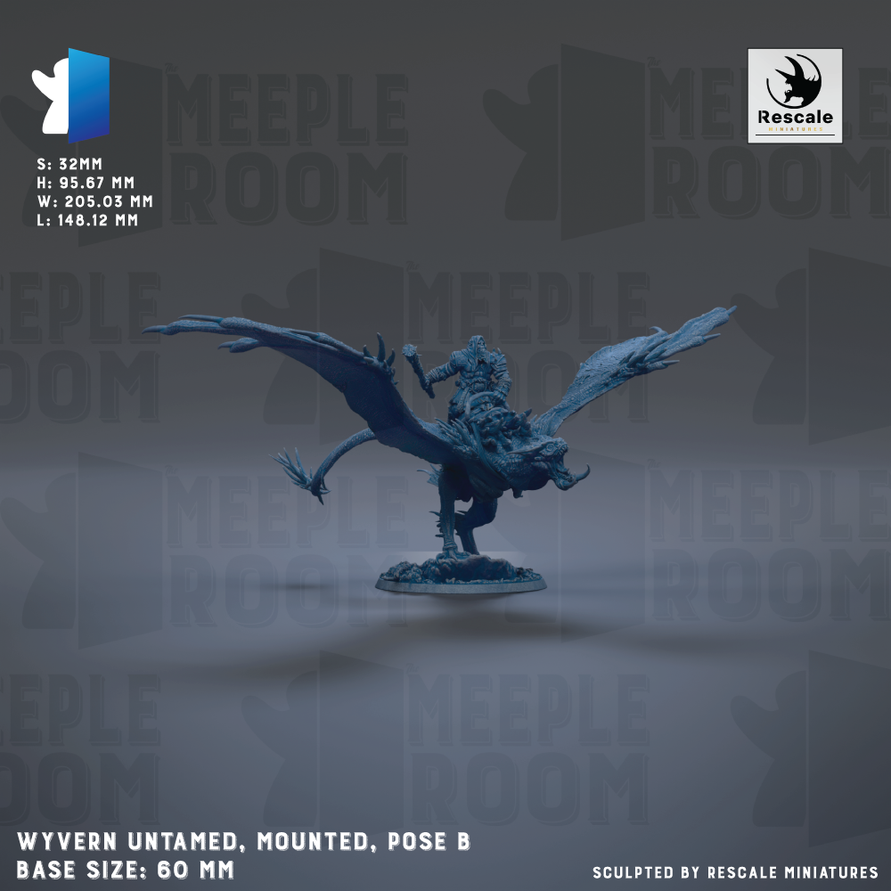 a blue figurine of a winged creature, possibly a dragon or mythical creature, mounted on a base and posed in a dynamic, winged stance. The figurine is described as untamed, mounted, and pose B, and it is shown in a 60mm base size. The image is a collage of multiple images, and it is described as a sculpture by Rescue miniatures.