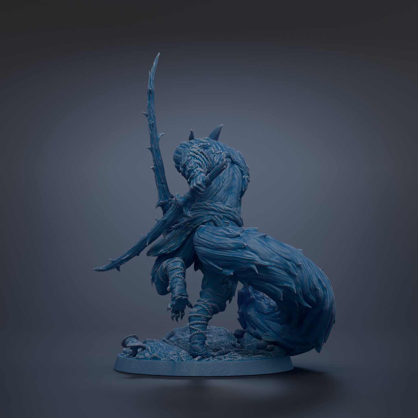 A dark blue, fantastical statue of a creature with sharp, curved claws and a flowing, textured body stands on a base against a dark background.