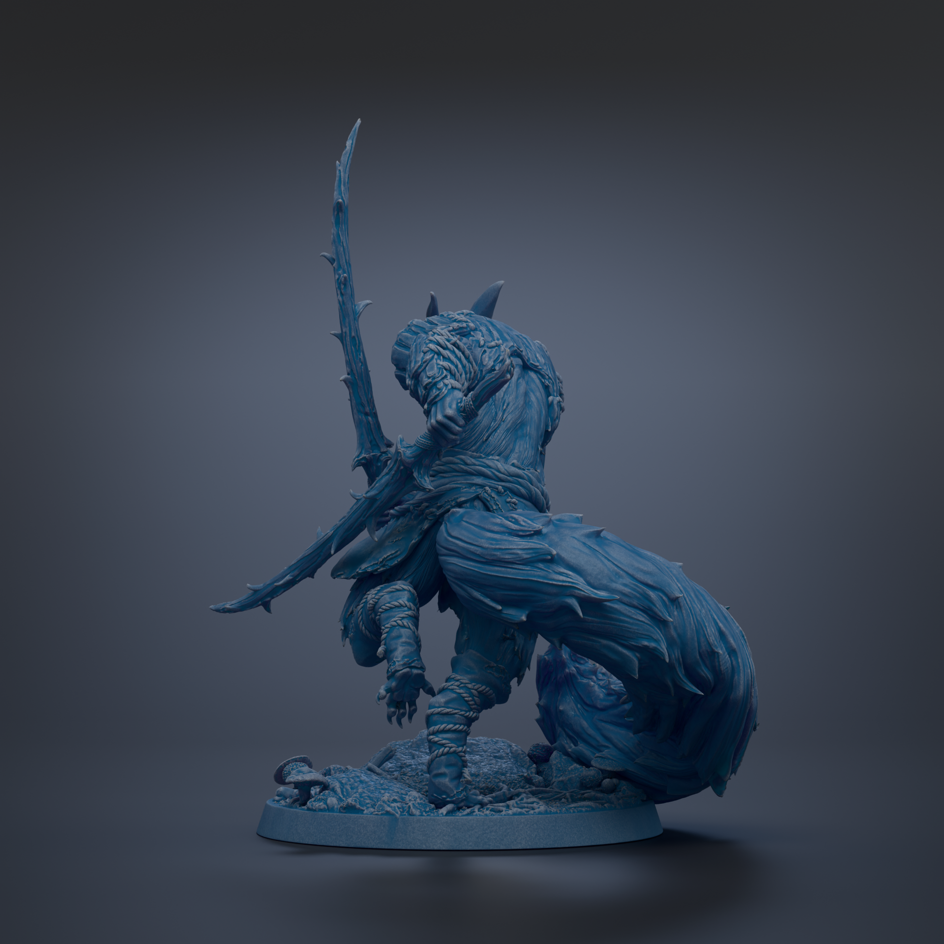 A dark blue, fantastical statue of a creature with sharp, curved claws and a flowing, textured body stands on a base against a dark background.