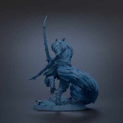 A dark blue, fantastical statue of a creature with sharp, curved claws and a flowing, textured body stands on a base against a dark background.