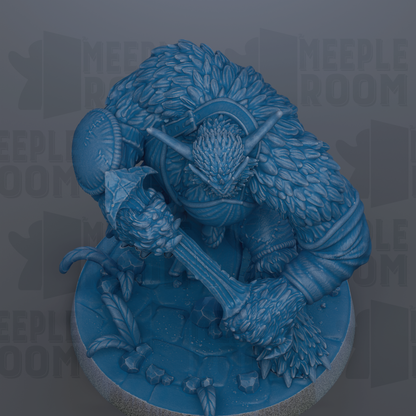 A detailed 3D rendering of a blue armored figure wielding a sword, set against a dark background with repeated text.