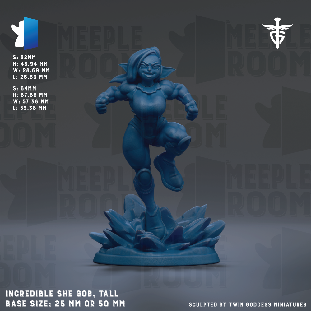 The image is a figurine of a female character, likely a superhero or comic book character, in a blue color. The figurine is shown in a dynamic pose, with one leg raised and the other bent at the knee. The figurine is described as "Incredible She Gob, Tall" and "Base size: 25mm or 50mm". The image is a collage of multiple images, and the phrase "Sculpted by Twin Goddesses miniatures" is mentioned at the bottom.