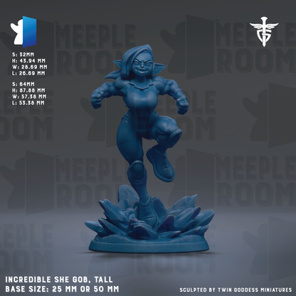 The image is a figurine of a female character, likely a superhero or comic book character, in a blue color. The figurine is shown in a dynamic pose, with one leg raised and the other bent at the knee. The figurine is described as "Incredible She Gob, Tall" and "Base size: 25mm or 50mm". The image is a collage of multiple images, and the phrase "Sculpted by Twin Goddesses miniatures" is mentioned at the bottom.