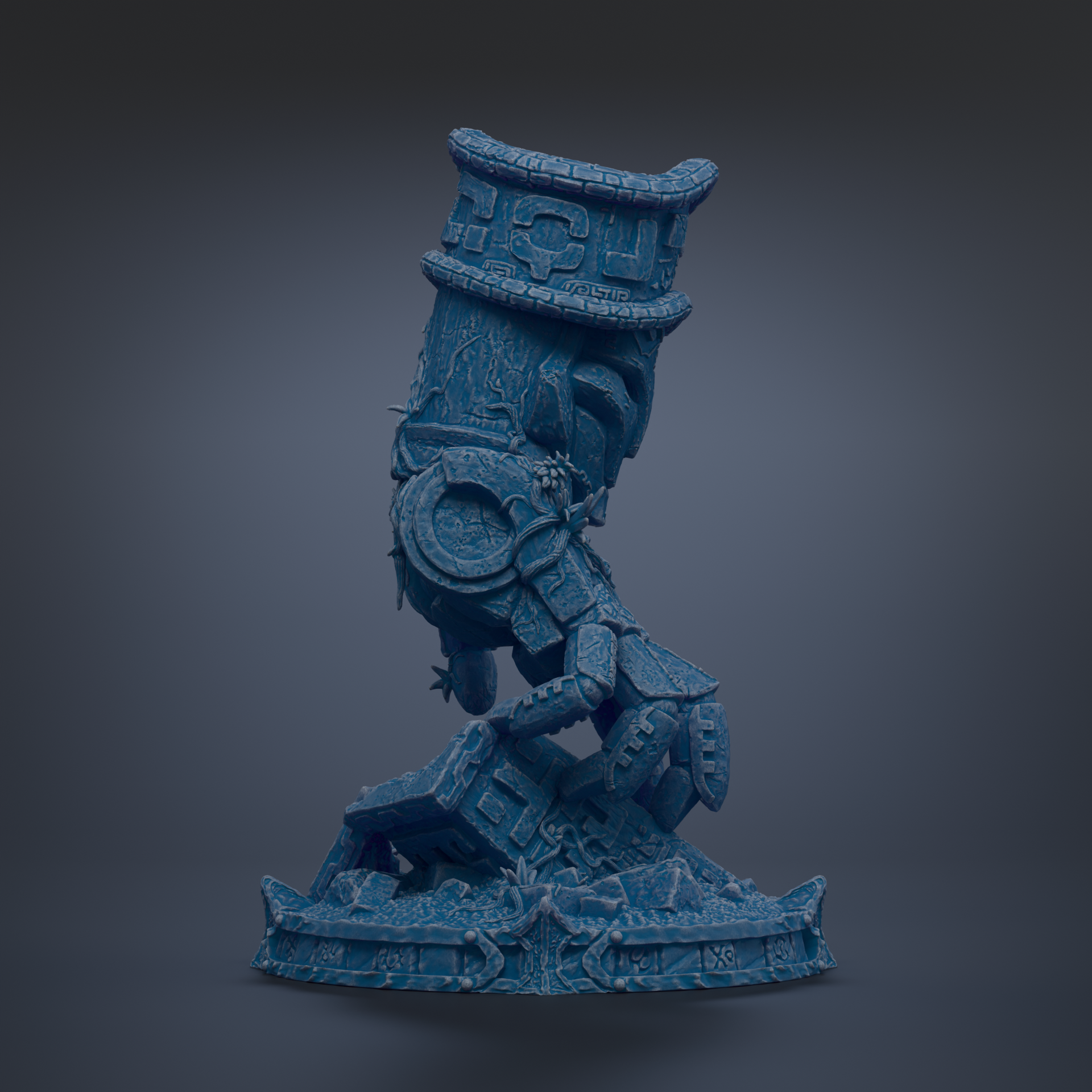 A 3D rendering of a blue, metallic robot or mechanical figure with a pointed head and a large, ornate hat.