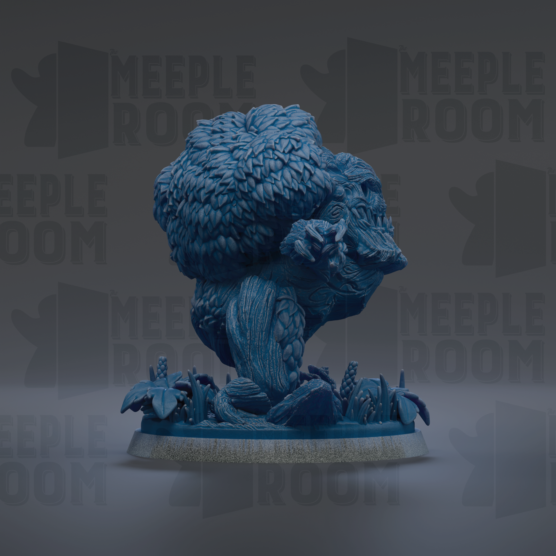 A blue, 3D-rendered sculpture of a fantastical creature with a large head and intricate details, set against a dark background with repeated text.