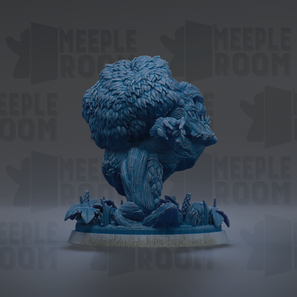 A blue, 3D-rendered sculpture of a fantastical creature with a large head and intricate details, set against a dark background with repeated text.
