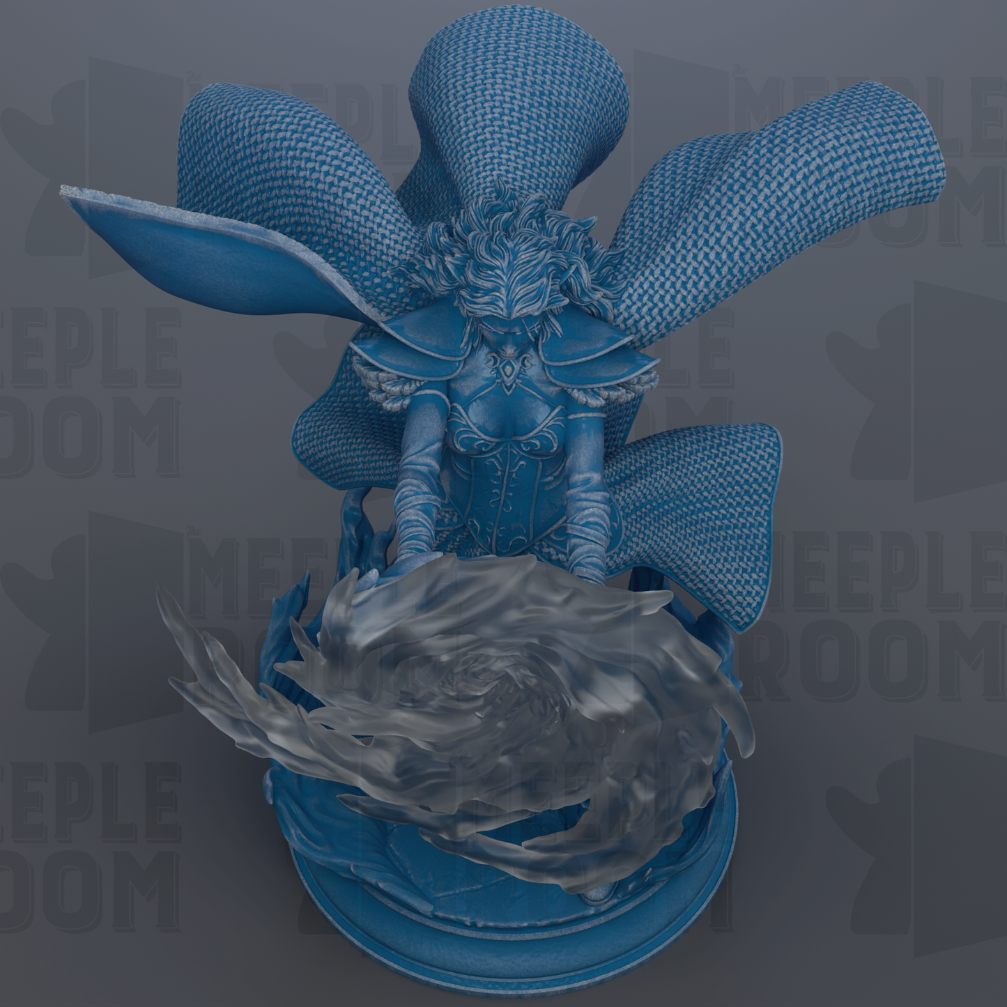 A 3D rendering of a blue and white fantastical creature with flowing robes and a large, swirling object in its hands.