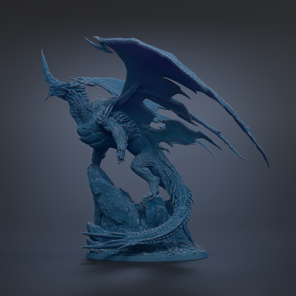 A detailed 3D model of a blue dragon statue with wings spread wide, standing on a rock formation.
