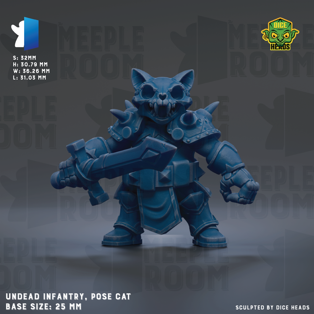 a blue, armored fantasy character with a sword, standing in a pose that suggests readiness for battle. The character is described as an "UNDEAD INFRANTY, POSE CAT" and is shown in a base size of 25mm. The image is a collage of various images, and the phrase "Sculpted by dice heads" is mentioned, indicating that the image is a product of dice-based design.