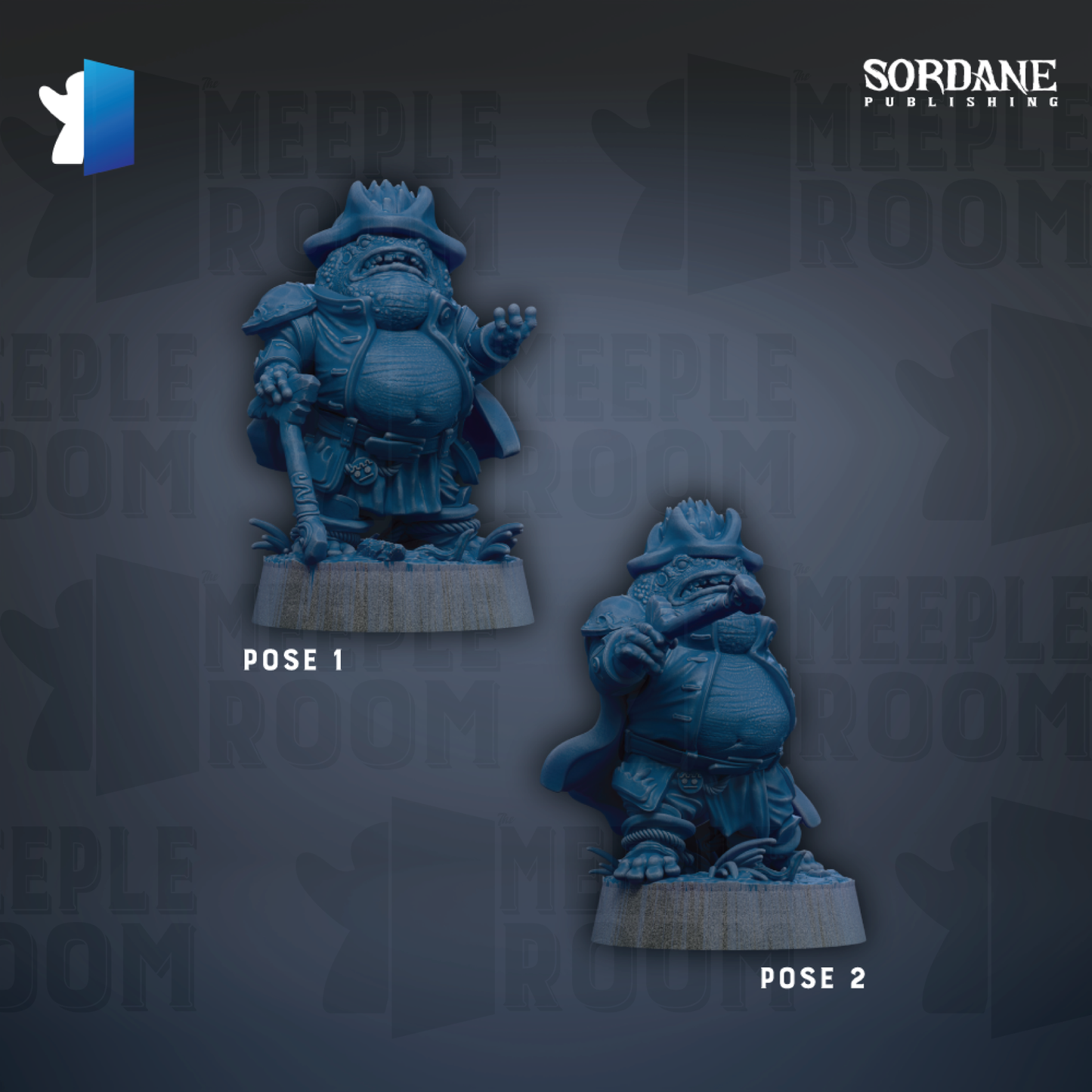 two blue figurines, each with a unique pose, set against a dark background with repeated text.