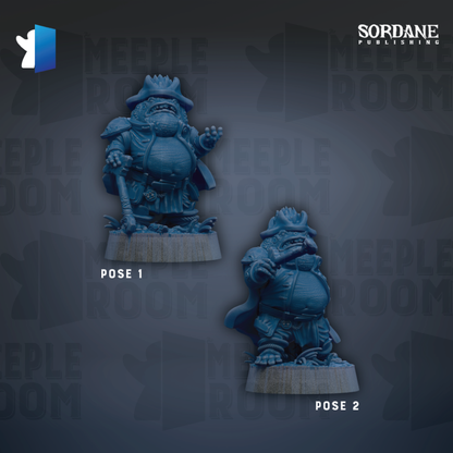 two blue figurines, each with a unique pose, set against a dark background with repeated text.