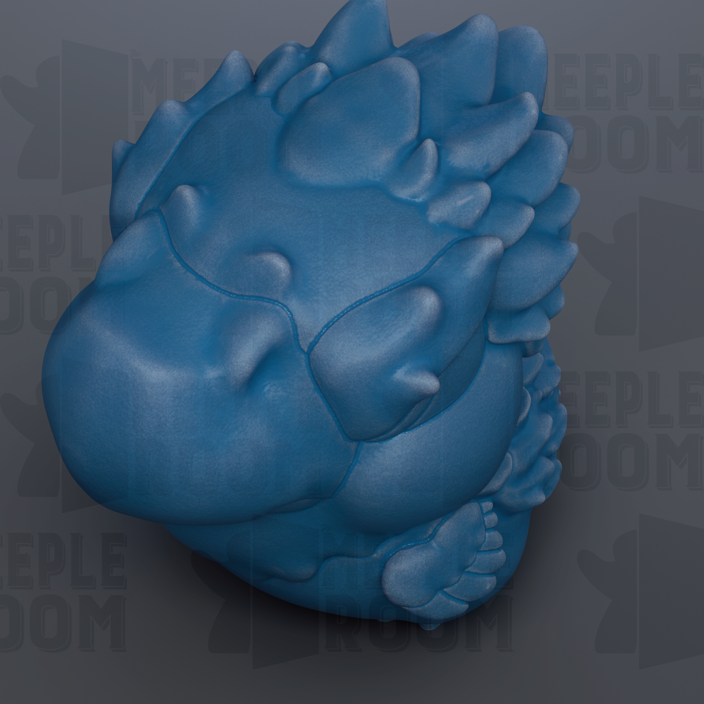 A blue, abstract sculpture with a textured, organic shape resembling a dragon or mythical creature.