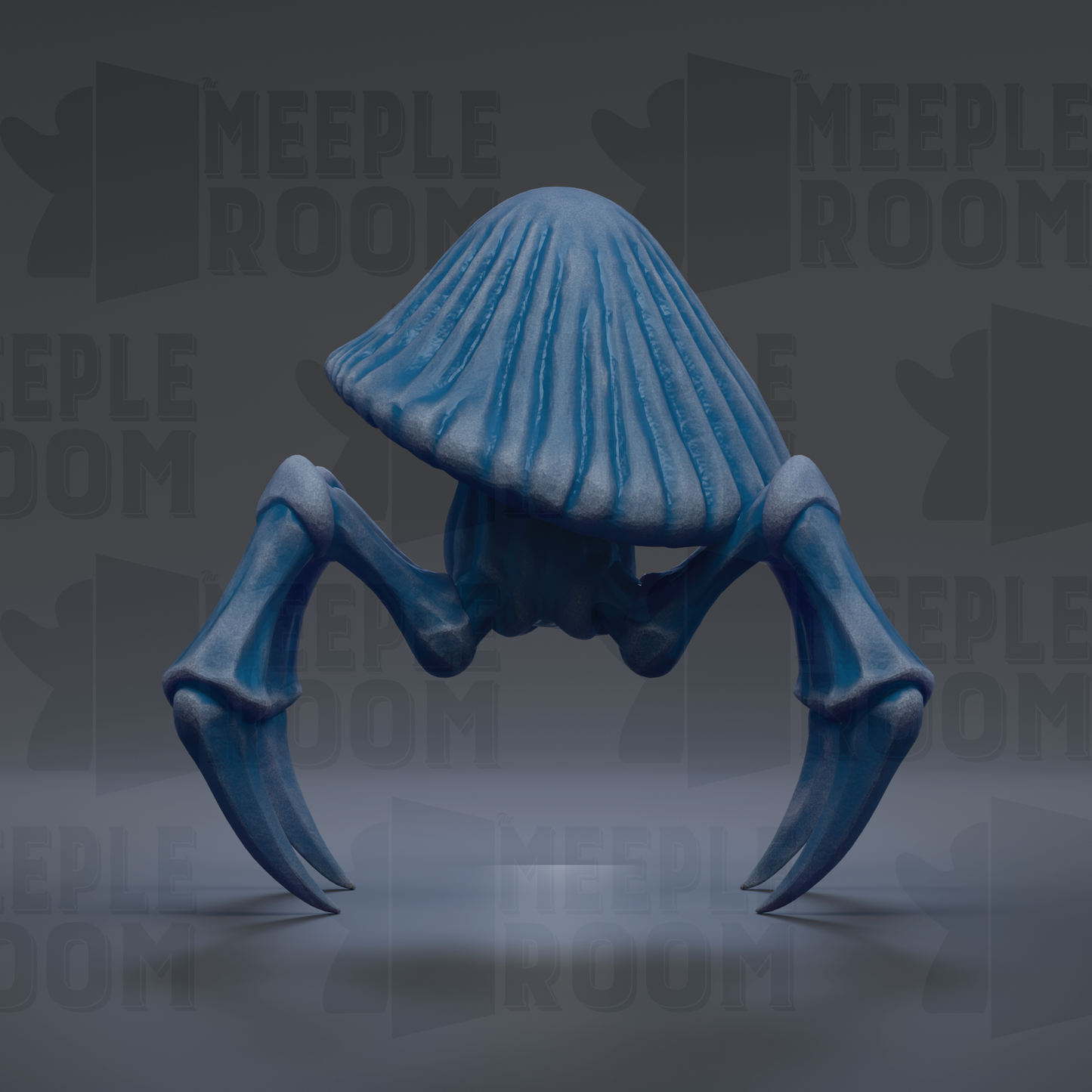 A blue, mushroom-shaped creature with sharp claws and a large head stands prominently against a dark background with repeated text.
