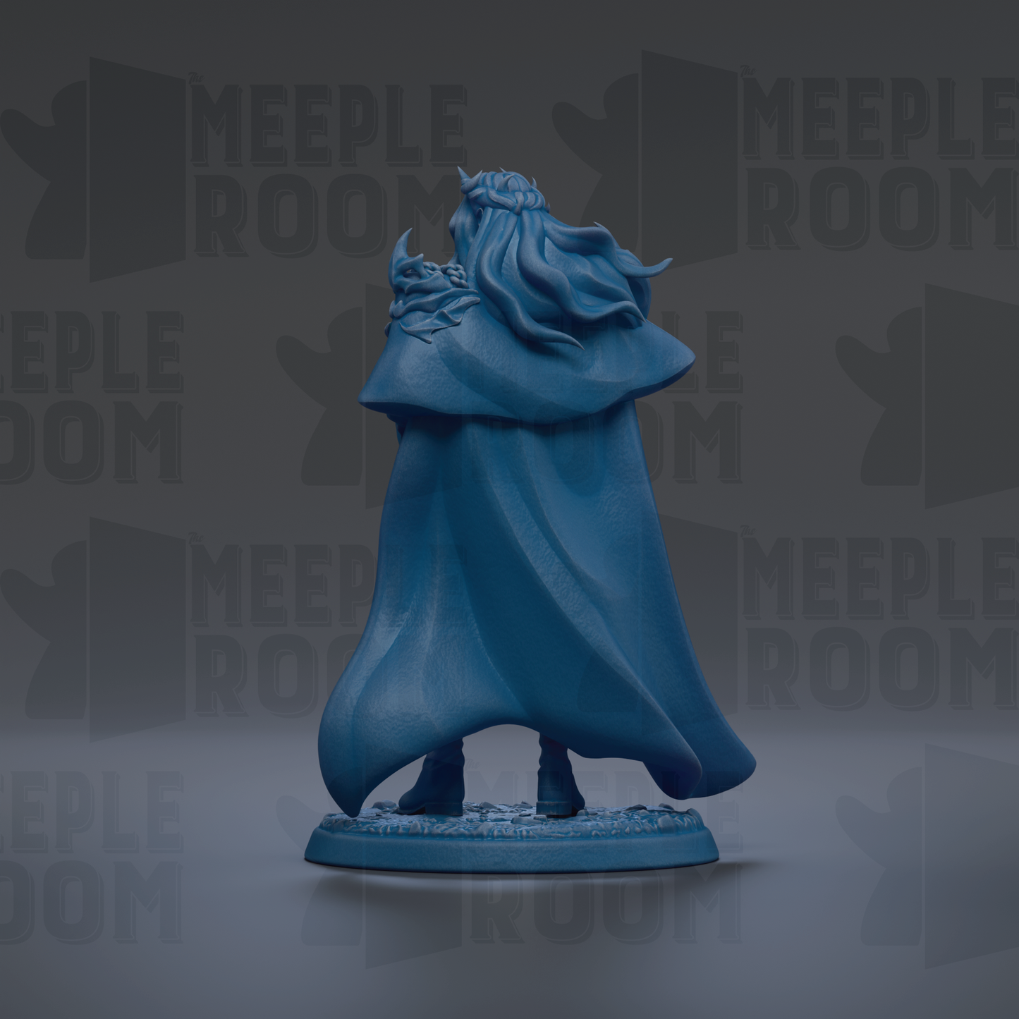 A blue figurine of a person with flowing hair and a cape, standing on a base.