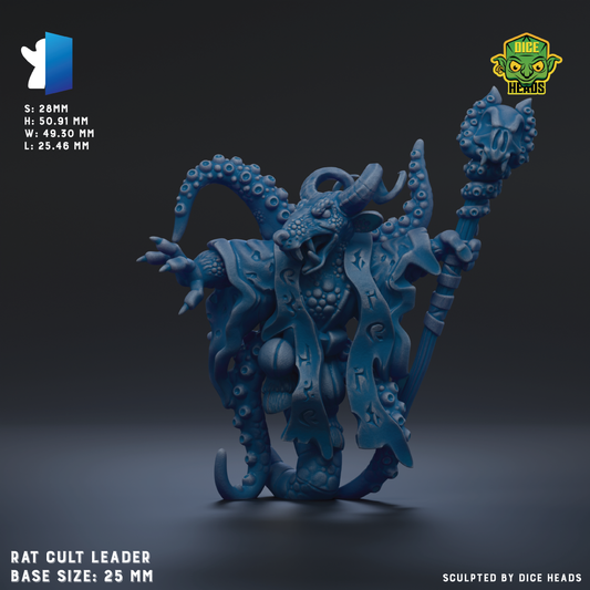 The image is a 3D rendering of a blue, fantastical creature resembling a rat or a similar rodent-like creature. The creature has a large head, long antennae, and a staff or staff-like object on its head. The creature is depicted in a dynamic pose, with its arms and legs spread out. The image is described as a "RAT CULT LEADER" and is shown in a base size of 25mm. It is also described as being "Sculpted by dice heads".