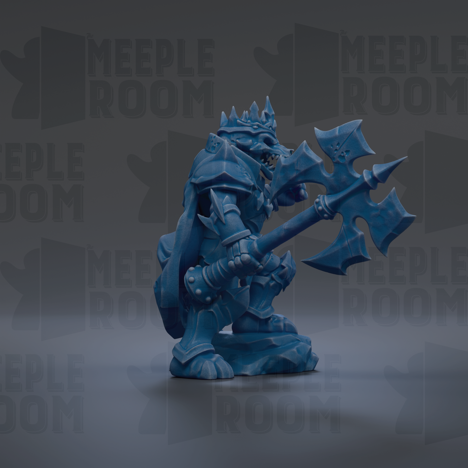 A blue armored knight figure holding a large weapon, standing on a rock.