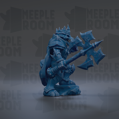 A blue armored knight figure holding a large weapon, standing on a rock.