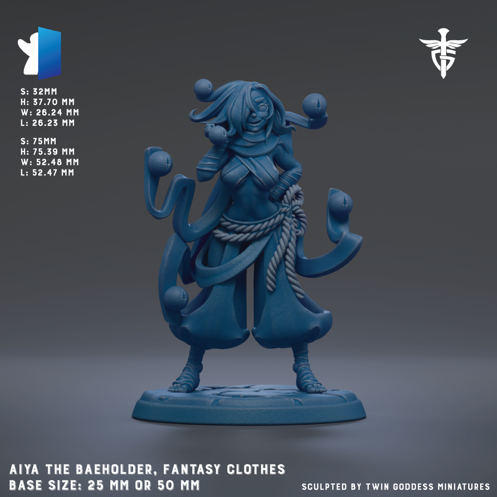 The image is a 3D rendering of a fantasy character, specifically a character named Aiya the Baeholder, who is depicted as a woman with multiple arms and a large headdress. The character is shown in a dynamic pose, with her arms outstretched and her headdress adorned with various objects. The image is described as a base size of 25mm or 50mm, and it is sculpted by Twin Goddess Miniatures.
