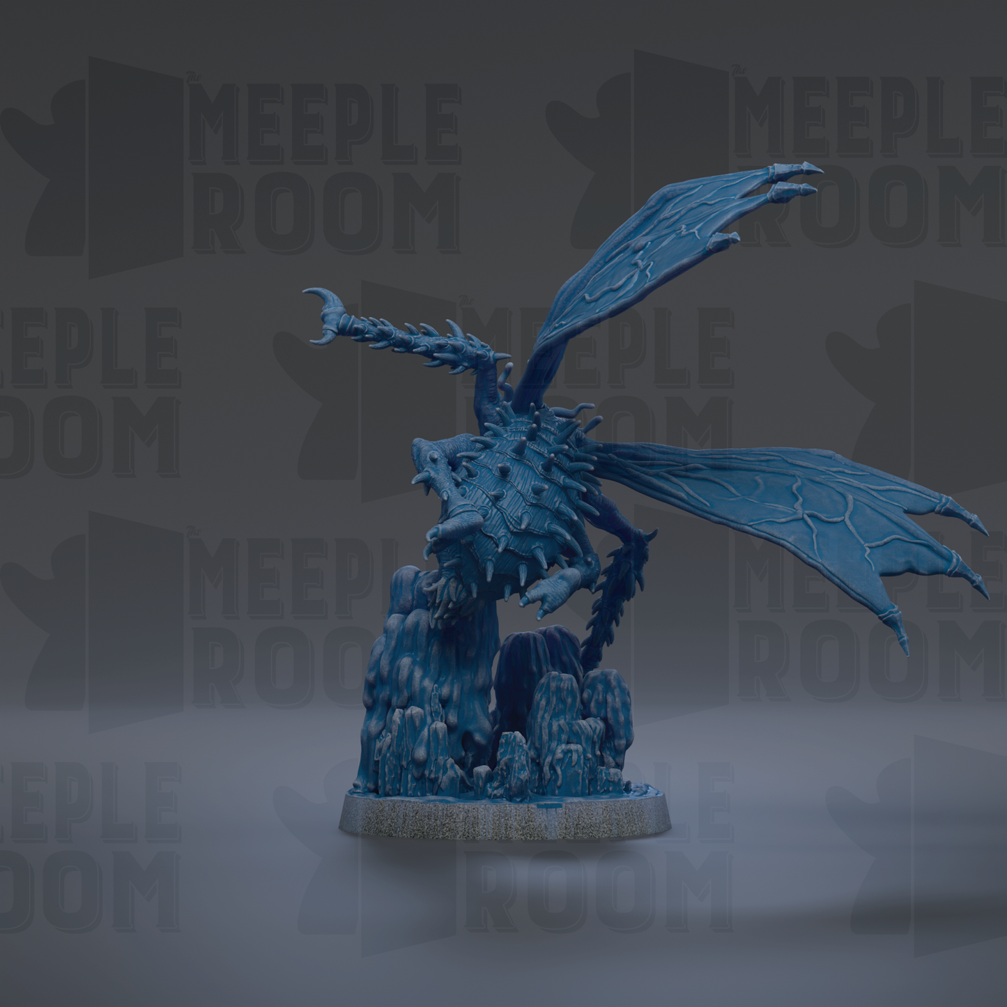 A blue dragon figurine with outstretched wings is the central focus of the image.
