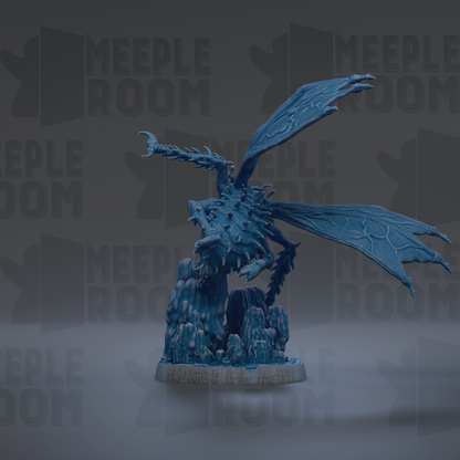 A blue dragon figurine with outstretched wings is the central focus of the image.