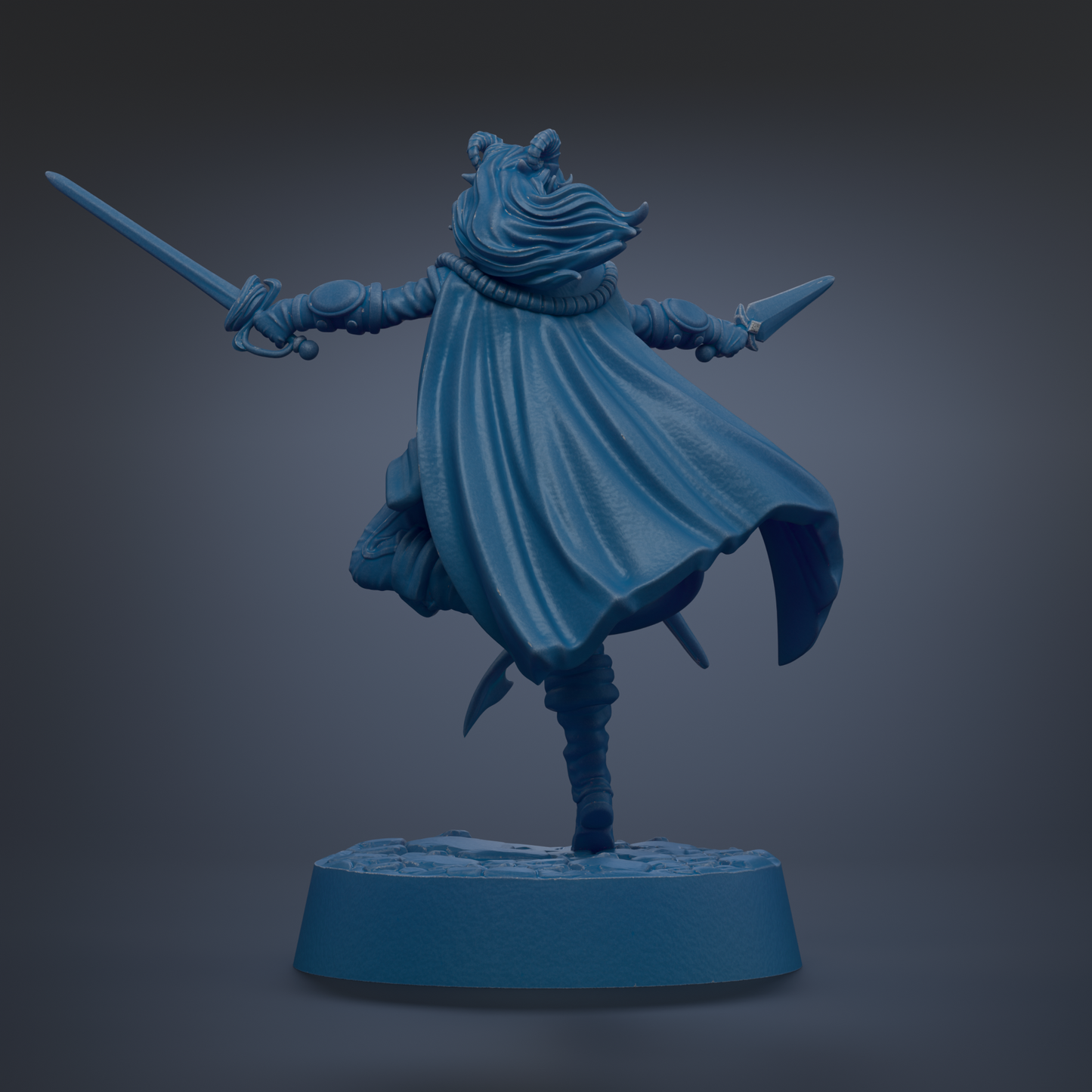 A 3D rendering of a female character in a dynamic pose, wearing a cape and holding a sword in her right hand.