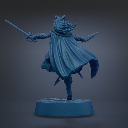 A 3D rendering of a female character in a dynamic pose, wearing a cape and holding a sword in her right hand.