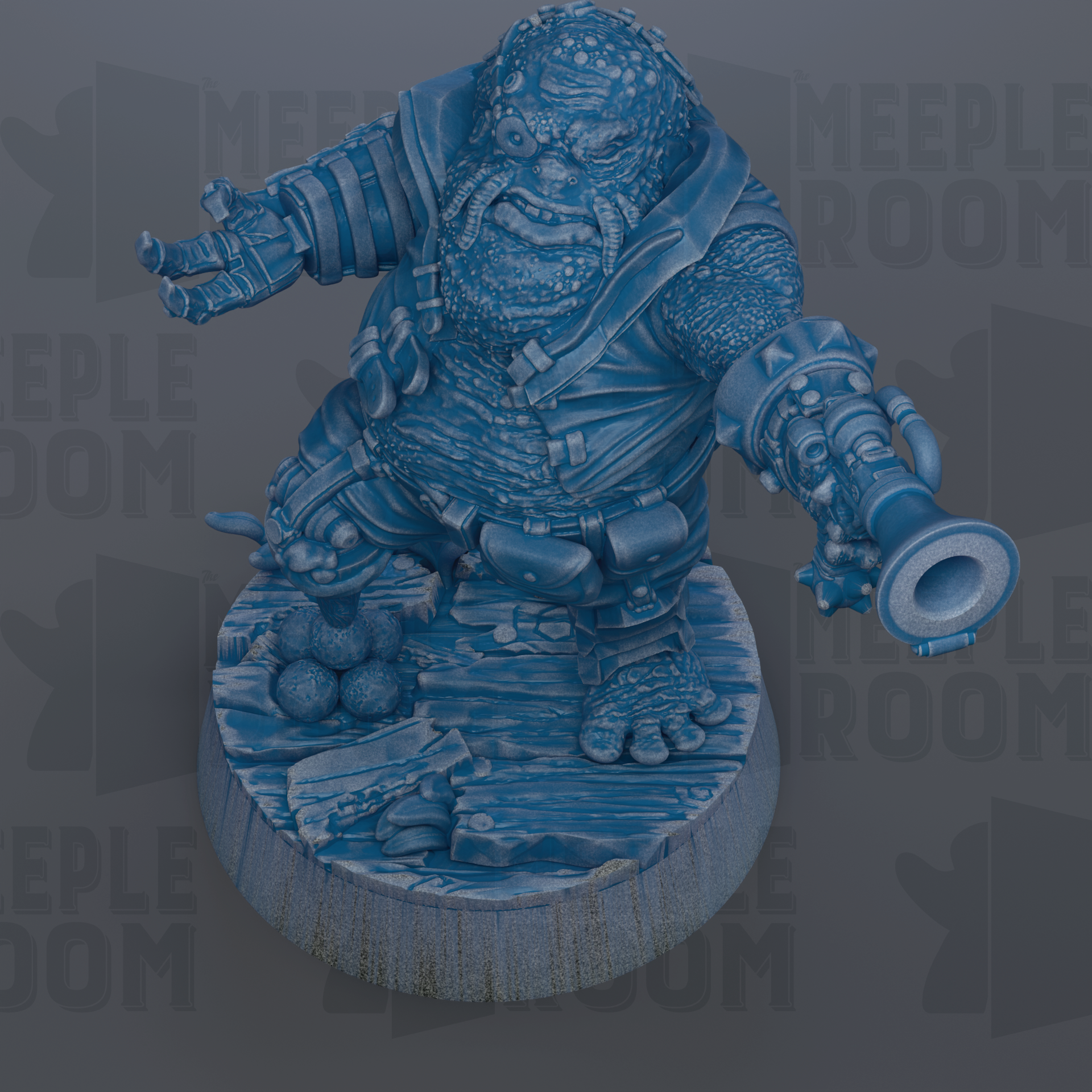 A blue, 3D-rendered statue of a bearded, armored figure holding a trumpet, standing on a wooden base.