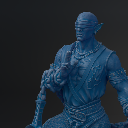 A blue statue of a warrior figure holding a sword and shield, with a serious expression on his face.