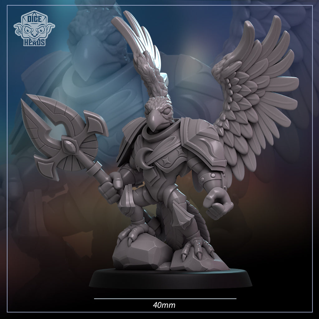 A detailed 3D model of a winged warrior figure, holding a weapon and standing on a rock.