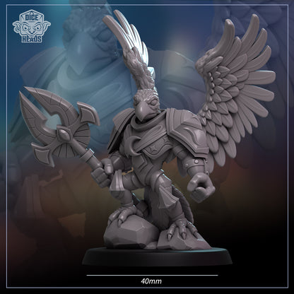 A detailed 3D model of a winged warrior figure, holding a weapon and standing on a rock.