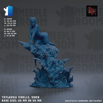 The image is a detailed 3D rendering of a mythical creature, specifically a Siren, with a blue color scheme. The creature is depicted in a crouching position, surrounded by a wave-like structure. The base size of the sculpture is 25mm or 50mm, depending on the perspective. The image is a collaboration between gamers and artists, with the artists providing the intricate details and the gamers contributing to the final product.