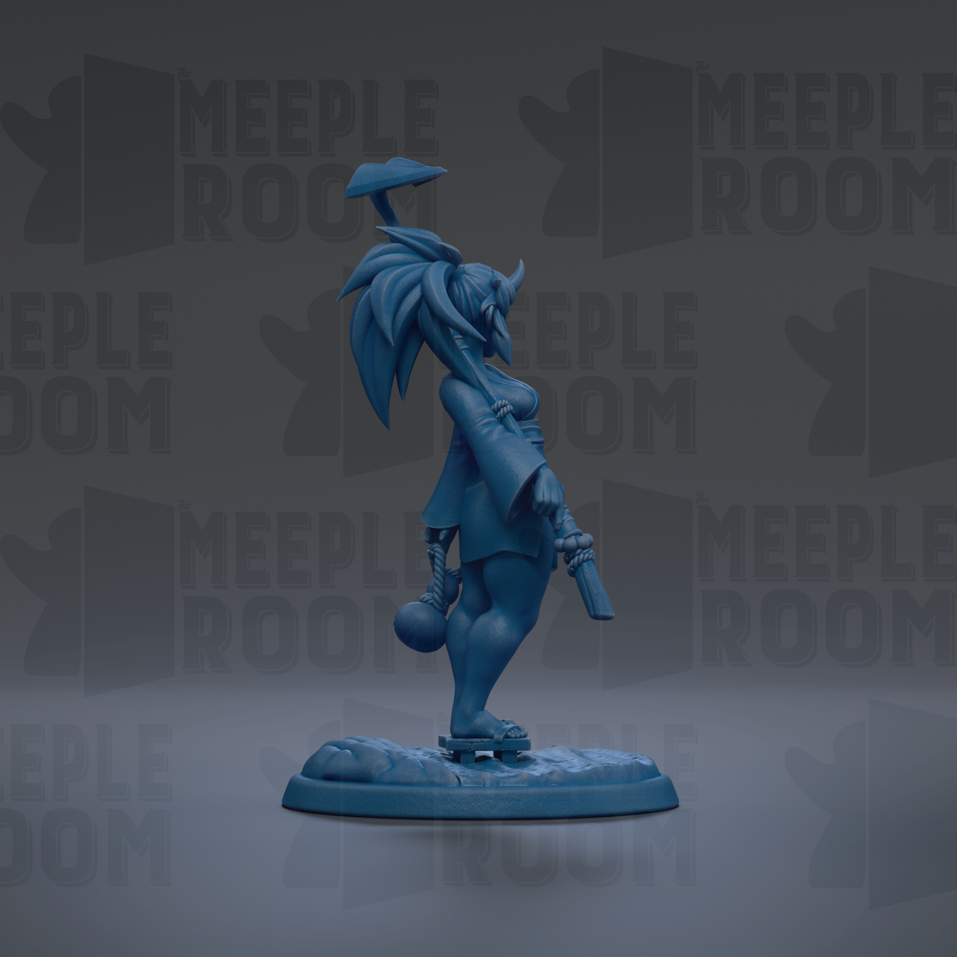 A blue figurine of a character with a large head and long hair, holding a weapon and standing on a platform.