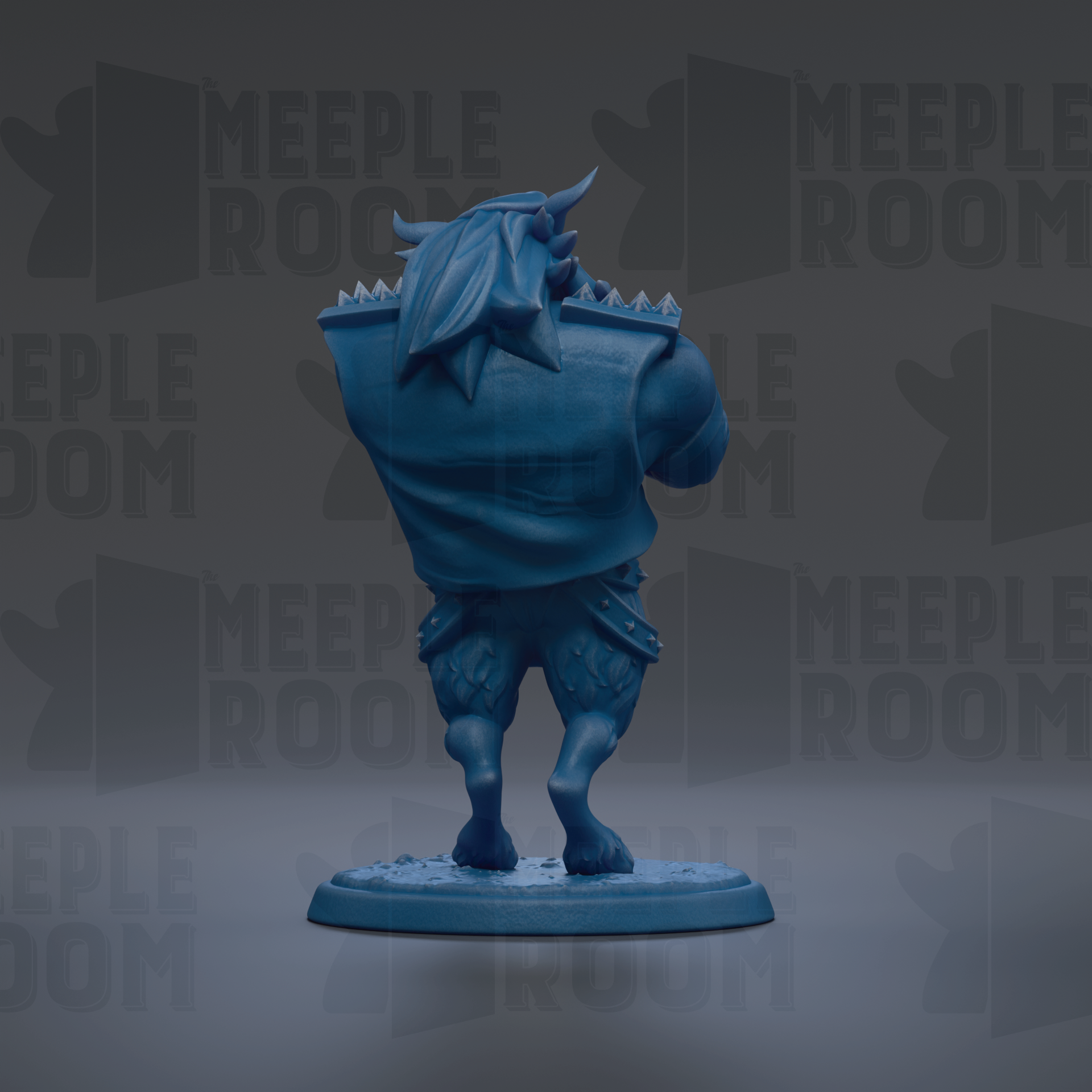 A blue figurine of a mythical creature, possibly a dragon or serpent, standing on a base against a dark background with repeated text.