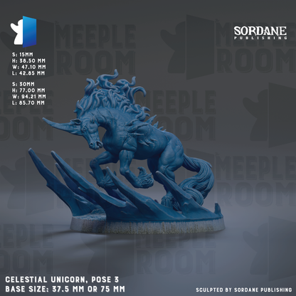 The image is a promotional poster for a celestial unicorn statue. The statue is a 3-base size and measures 37.5 mm or 75 mm. The poster features the Sordane Publishing logo and the name of the company, along with the phrase "CELESTIAL UNICORN, POSE 3" indicating the pose of the statue.