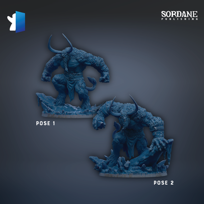 two blue figurines of fierce-looking creatures, possibly mythical or fantasy-inspired, posed in different stances.