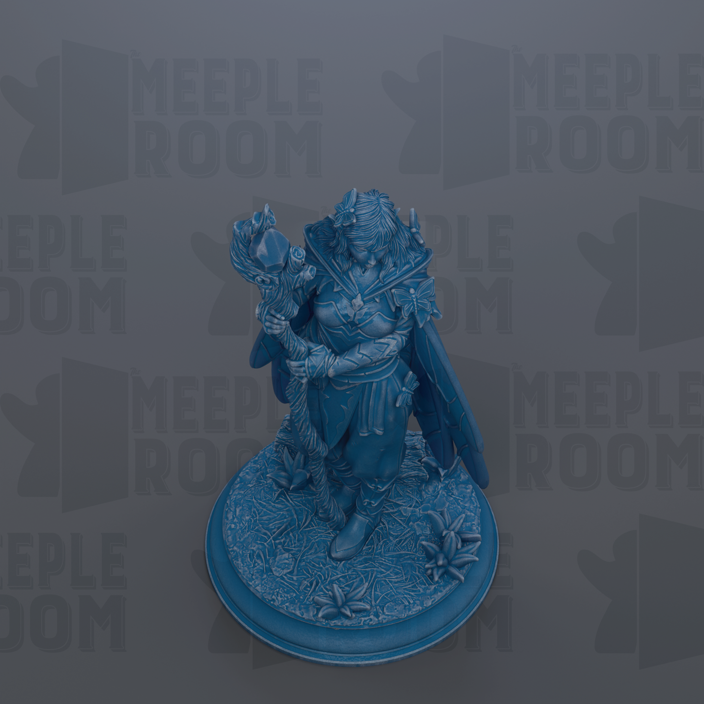 A figurine of a woman with a sword and a crown, standing on a blue base with flowers, against a gray background with repeated text.