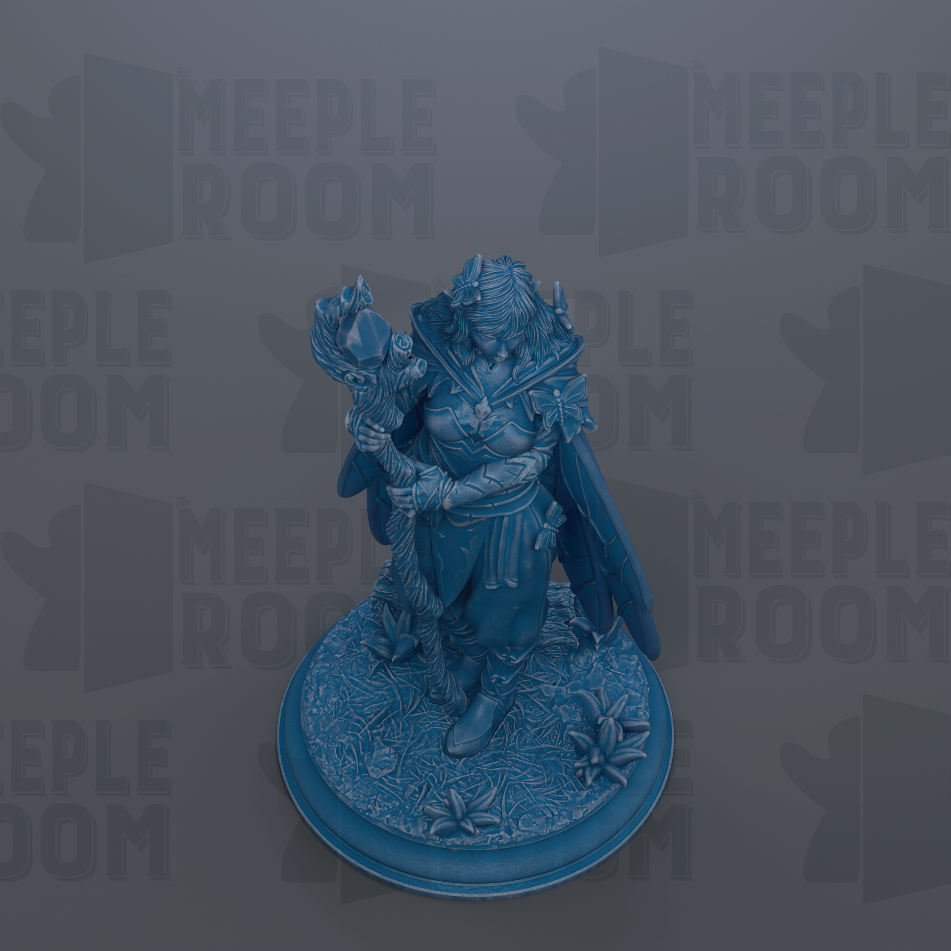 A figurine of a woman with a sword and a crown, standing on a blue base with flowers, against a gray background with repeated text.